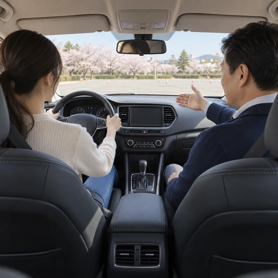 첫 출발 전 전방 시야·손 위치 설명 · 초보운전연수 안내용 AI 예시