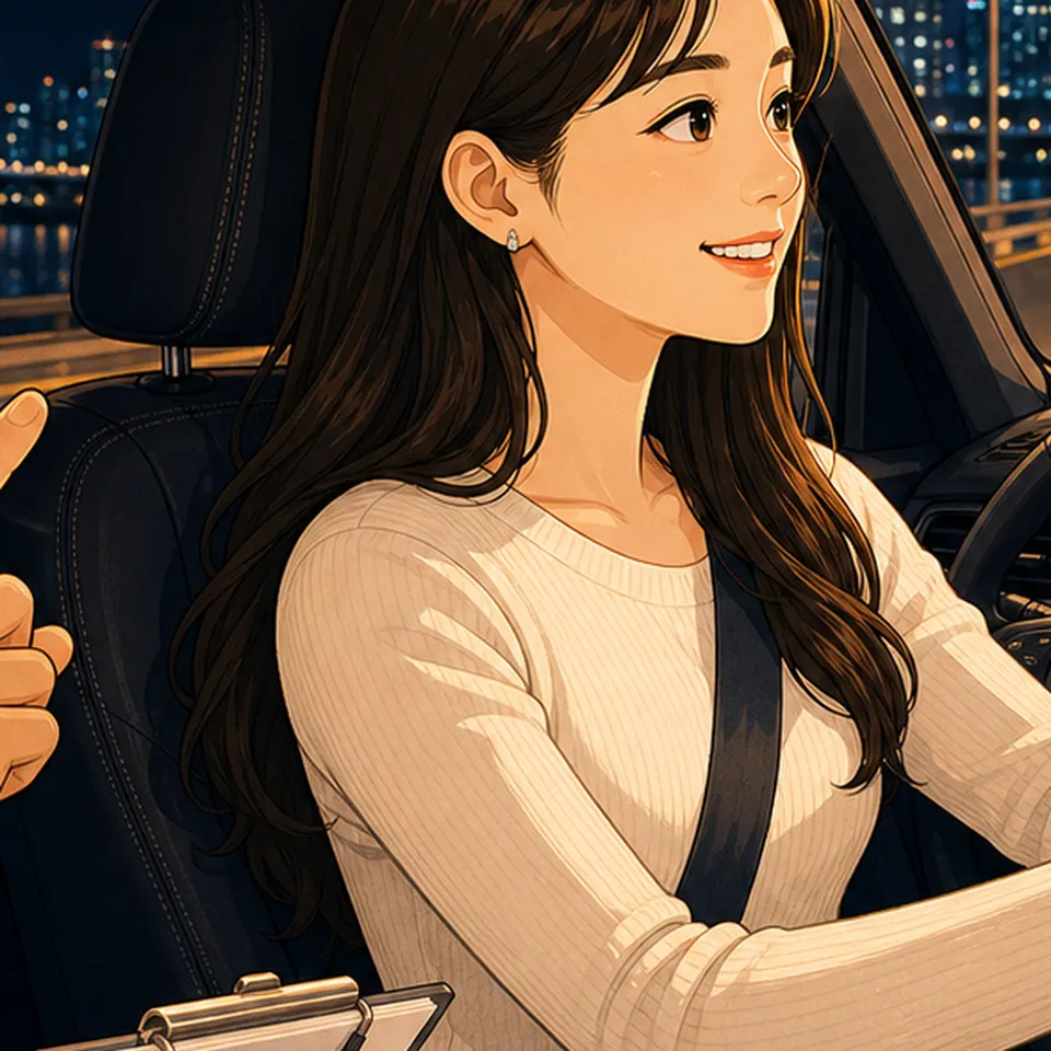 한적한 도로에서 기본 주행을 연습하는 일러스트 · 출퇴근운전연수 학습 안내용 AI 예시